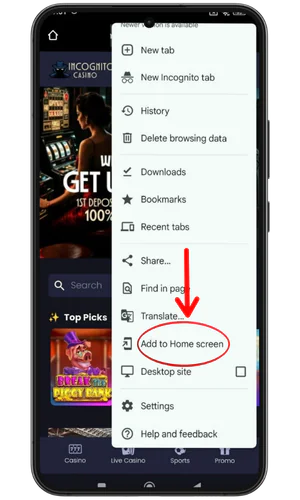 Add to Home Screen button Incognito