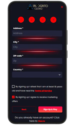 The last step of registration Incognito
